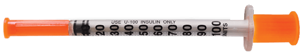 Real 100U U-100 syringe with barrel markings ending at 100