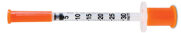 Real 30U U-100 syringe with barrel markings ending at 30