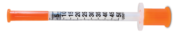 Real 50U U-100 syringe with barrel markings ending at 50
